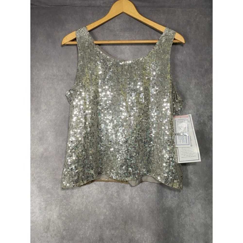 Lew Magram Womens Sleeveless 100% Silk Tank‎ Top Size L Silver Sequins NEW